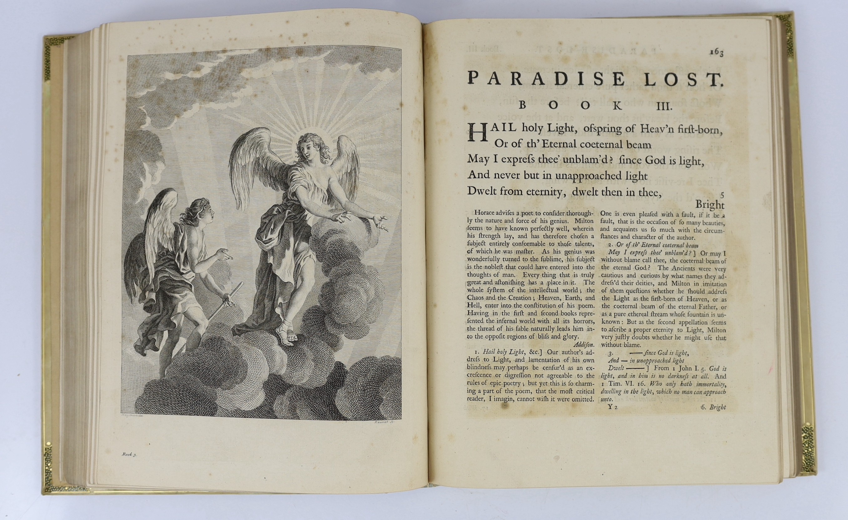 Milton, John - Paradise Lost, a Poem in Twelve Books, edited by Thomas Newton, 2 vols, 4to, later gilt rosette decorated vellum, with 2 engraved frontispiece portraits and 12 plates by Francis Hayman, J. & R. Tonson and